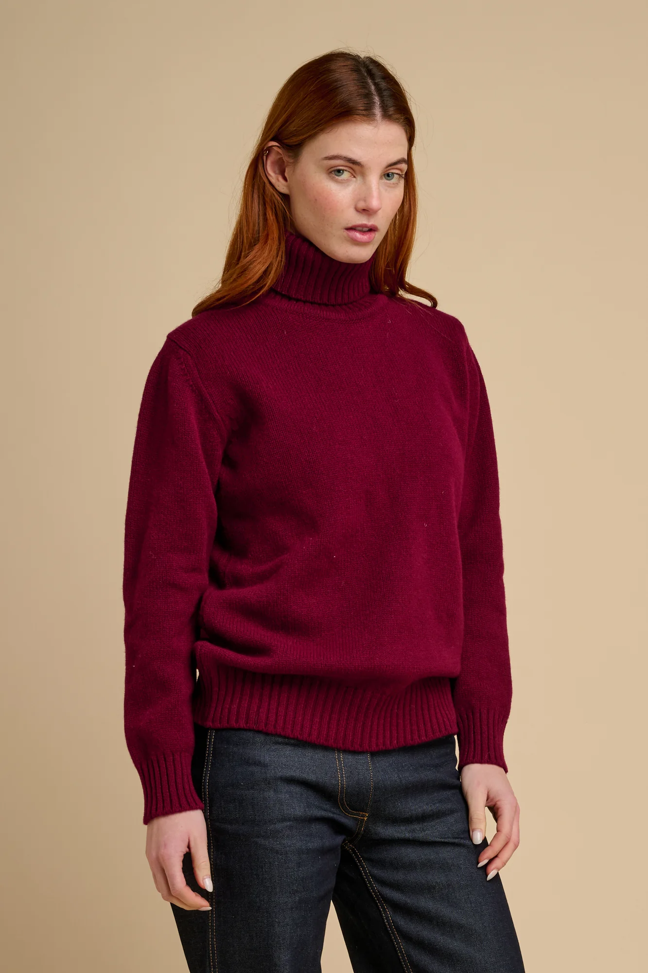 Women's Lambswool Roll Neck-Burgundy - Image 2