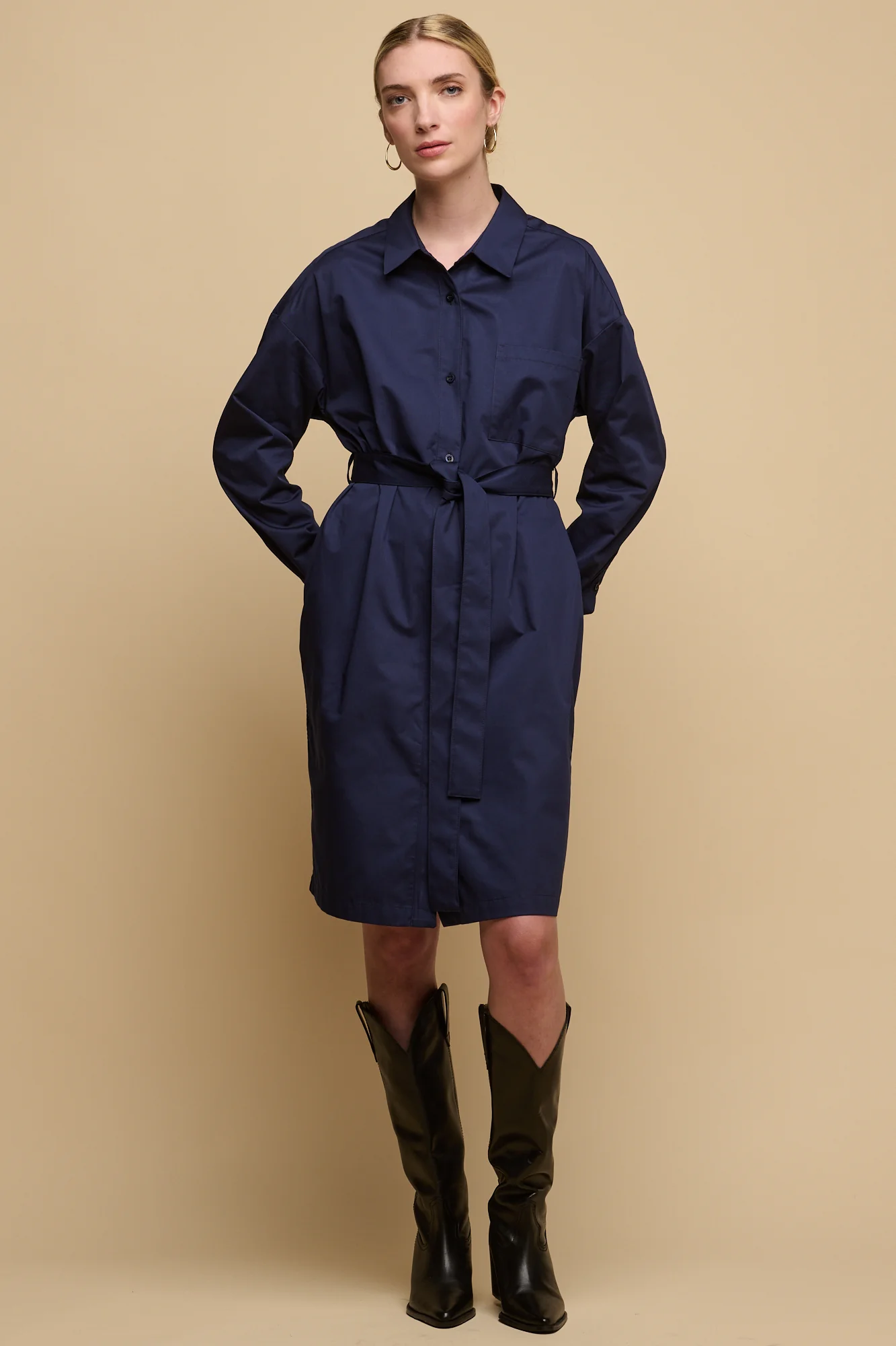 Women's Lorelle Belted Midi Cotton Shirt Dress - Navy - Image 3