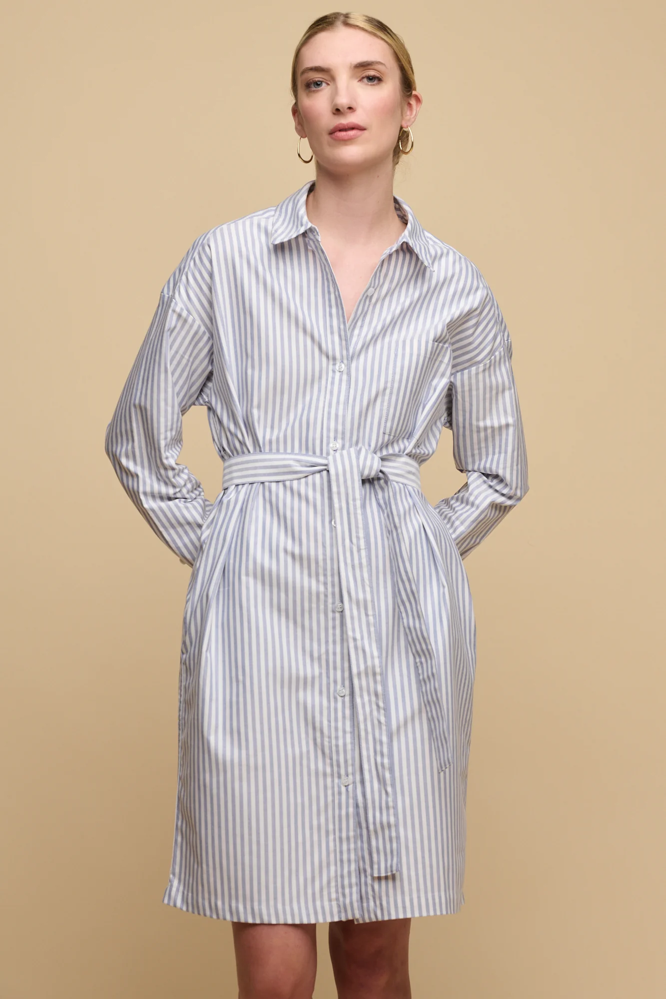 Women's Lorelle Belted Midi Cotton Shirt Dress - Blue/White - Image 2