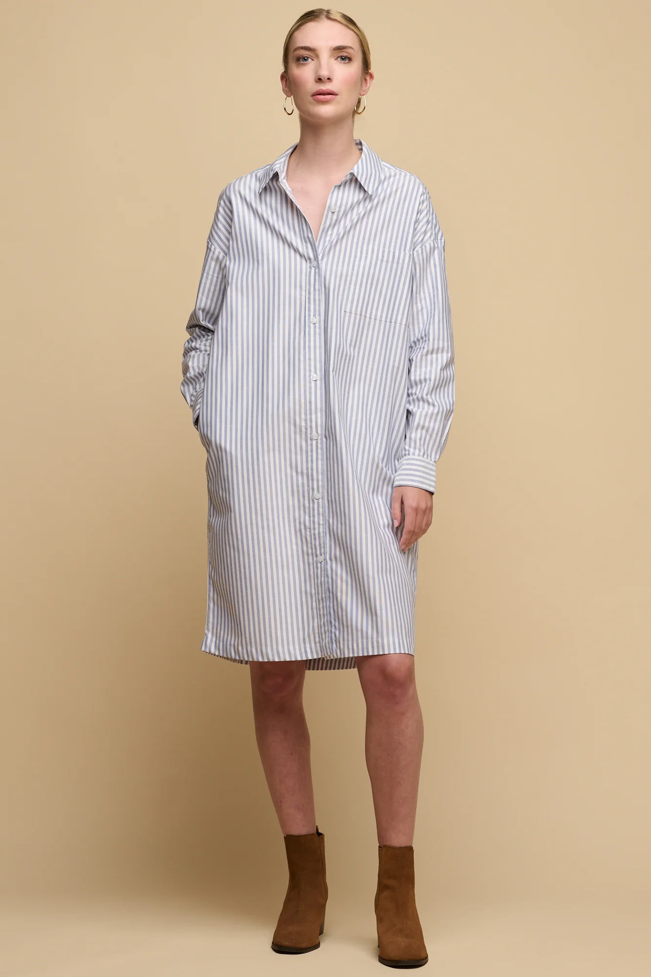 Women's Lorelle Belted Midi Cotton Shirt Dress - Blue/White - Image 4