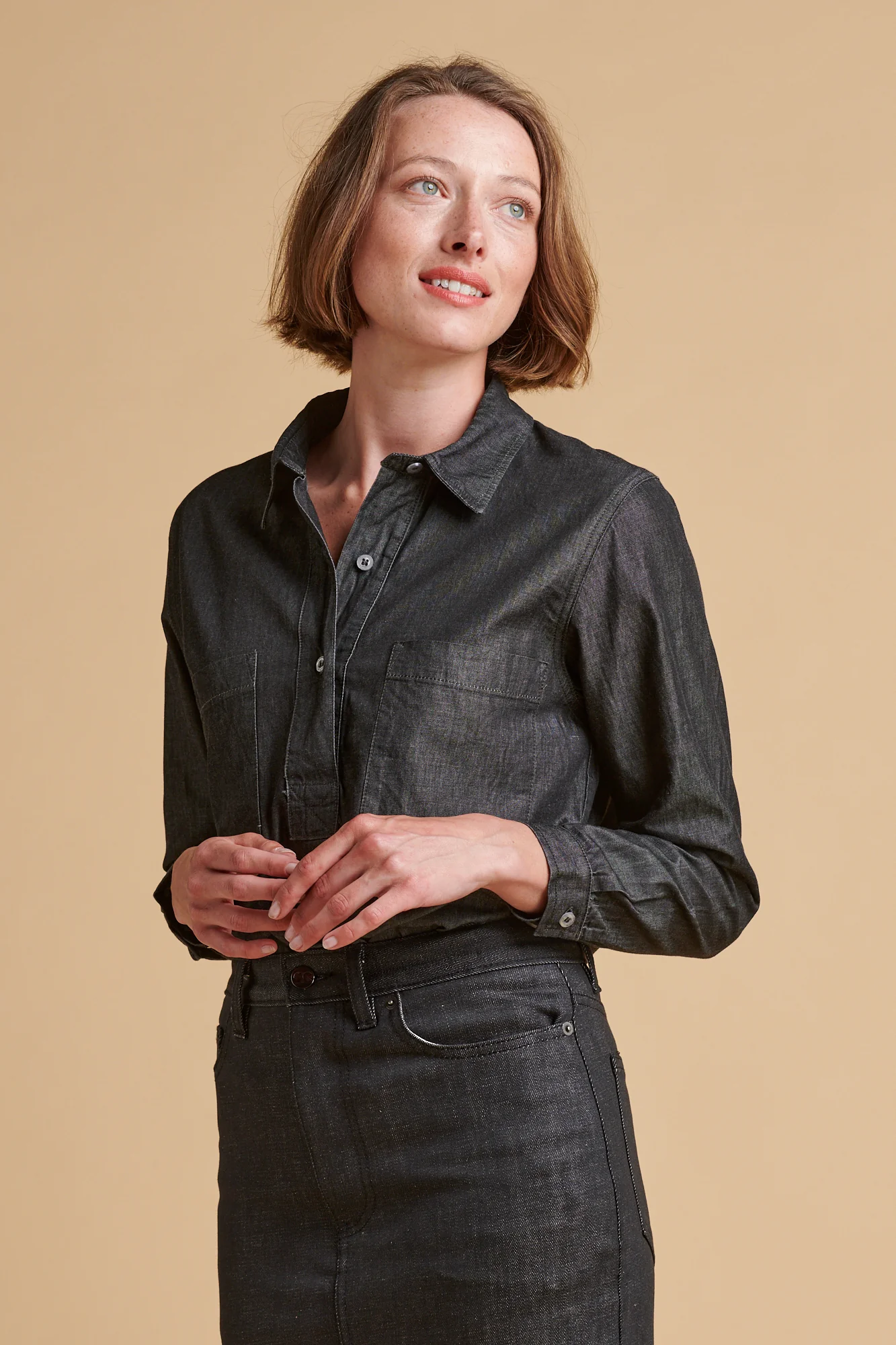 Women's Olivia Half Placket Lightweight Denim Shirt - Black