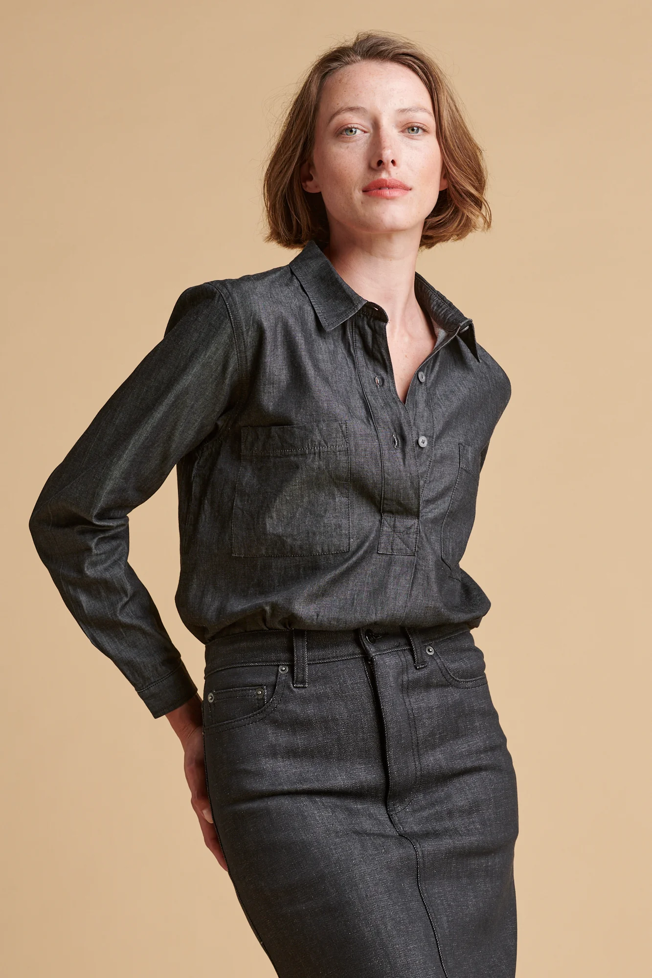 Women's Olivia Half Placket Lightweight Denim Shirt - Black - Image 2