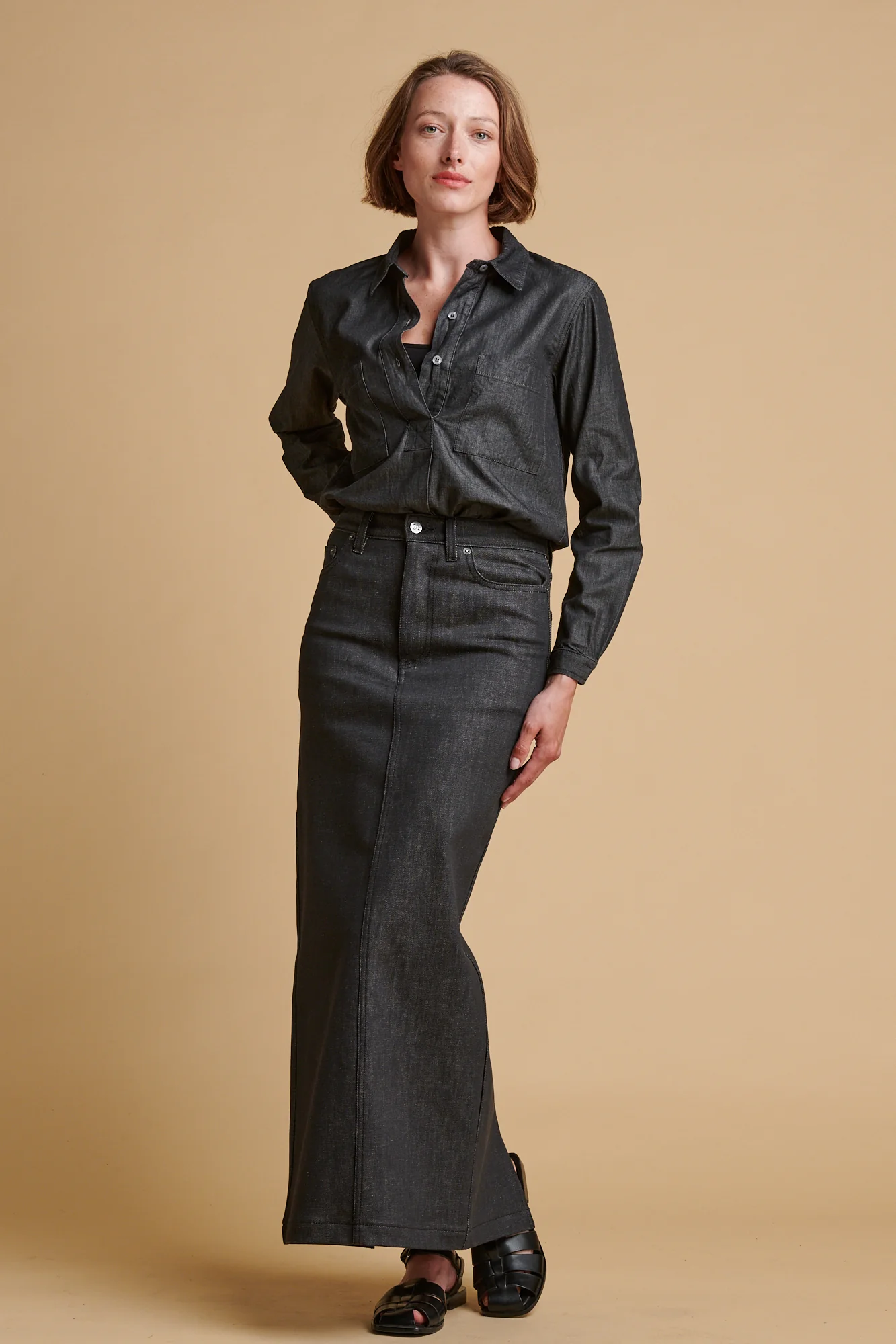 Women's Olivia Half Placket Lightweight Denim Shirt - Black - Image 4
