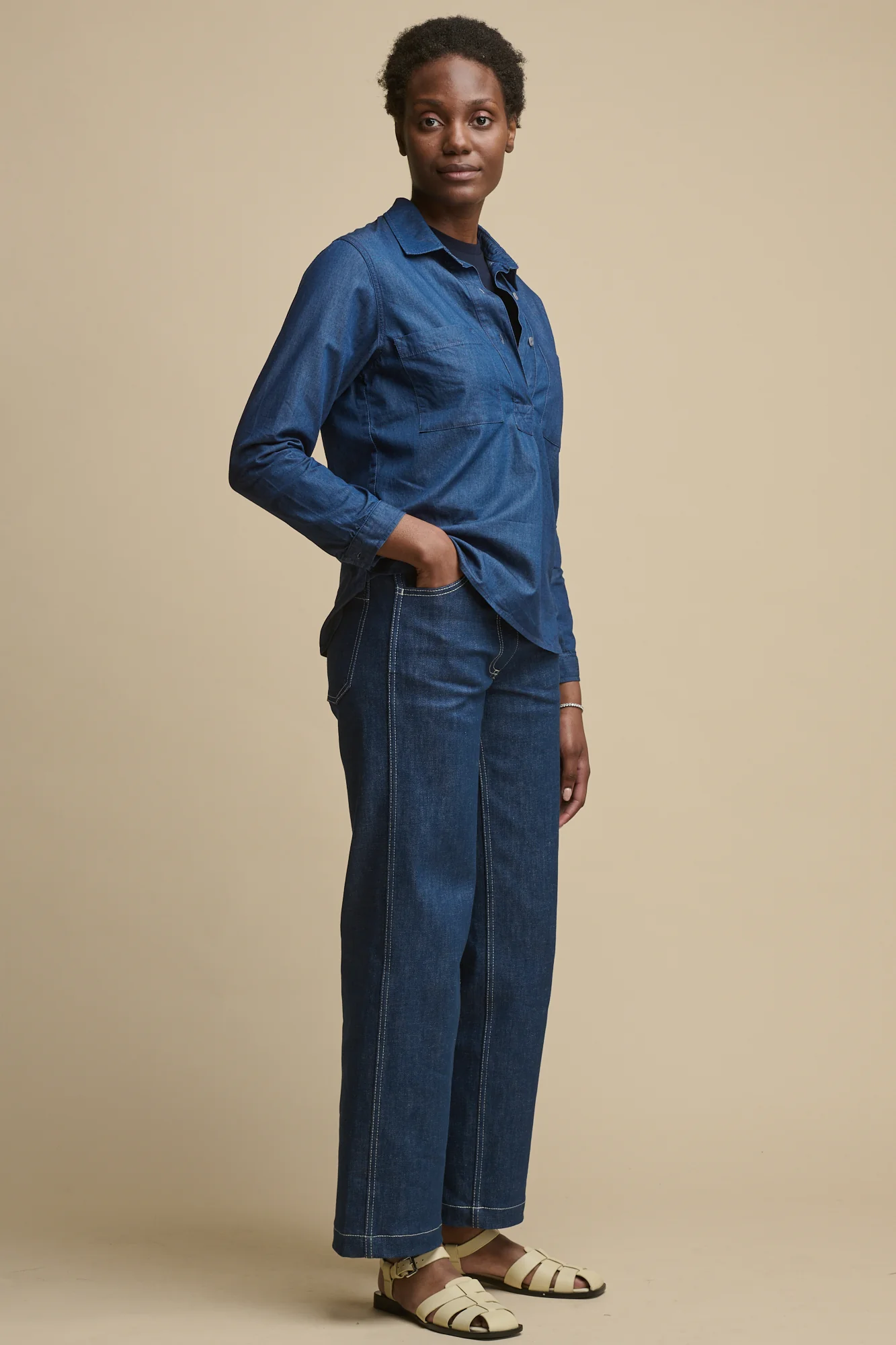 Women's Olivia Half Placket Lightweight Denim Shirt - Indigo - Image 3