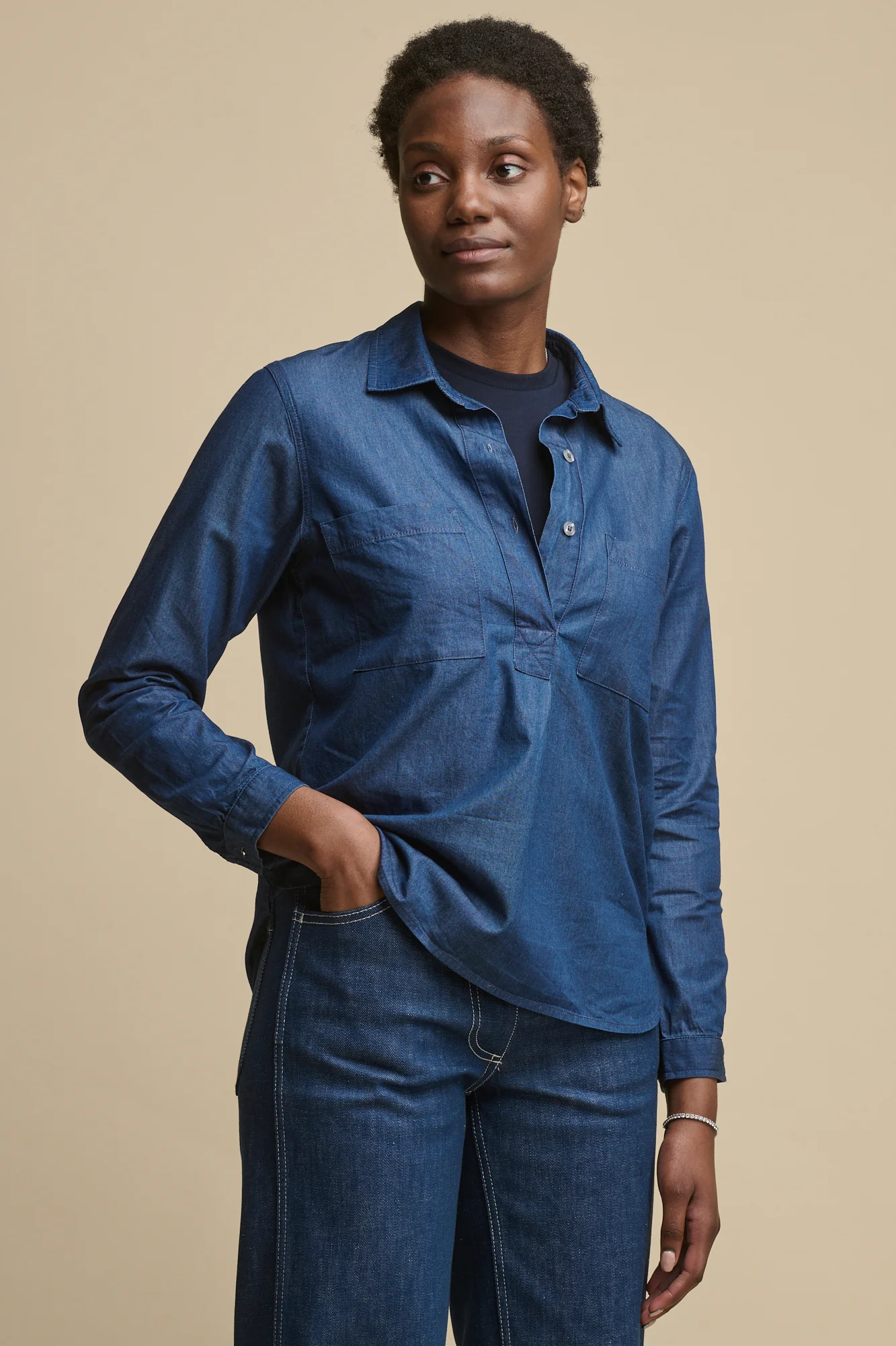 Women's Olivia Half Placket Lightweight Denim Shirt - Indigo - Image 4