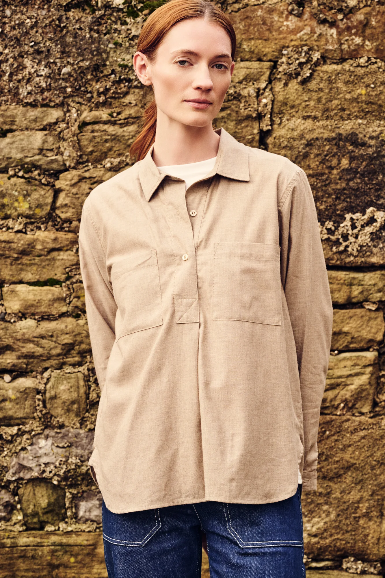 Womens Olivia Half Placket Ltweight Shirt - LT Tan