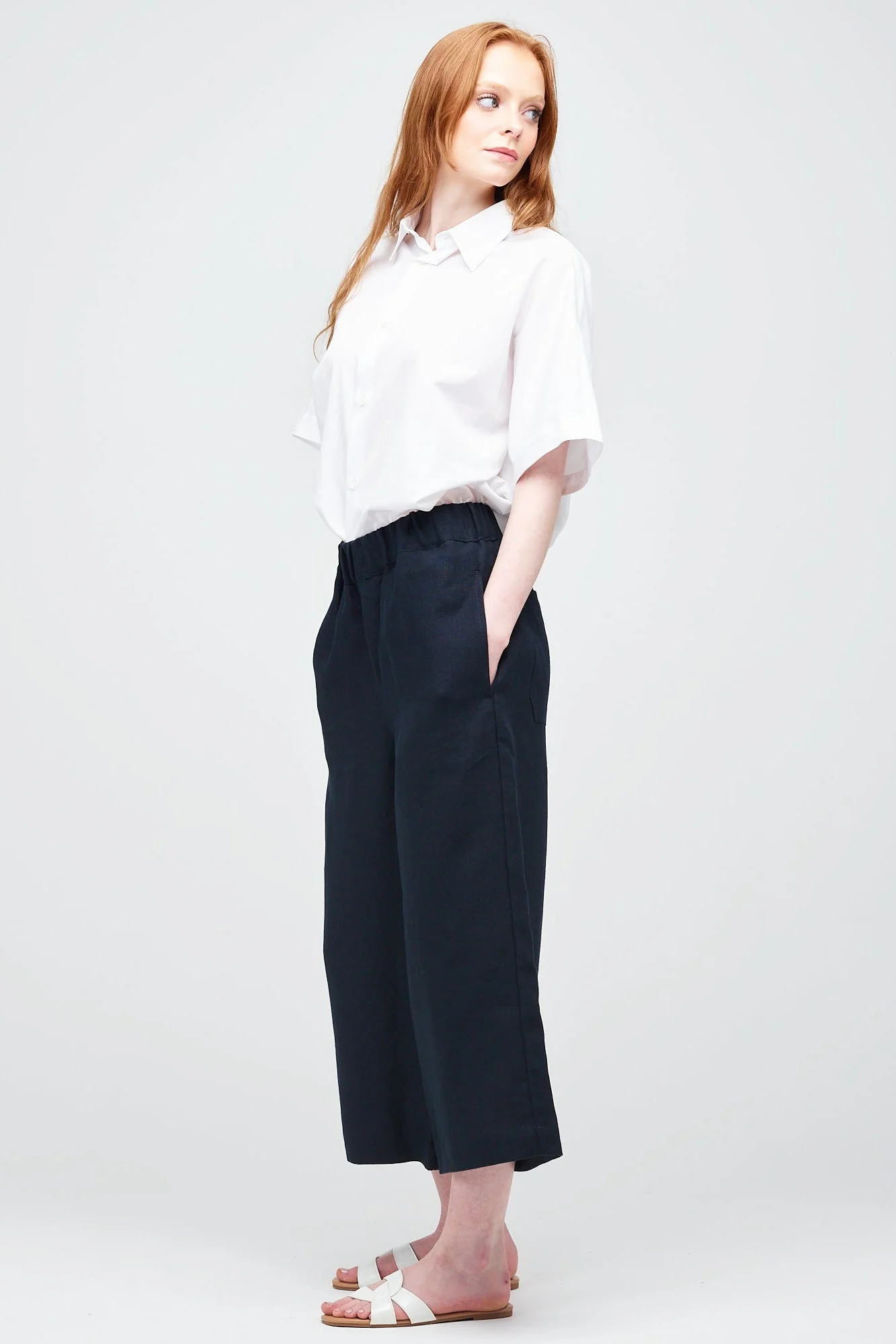 Women's Short PJ Trousers - Navy Linen - Image 3