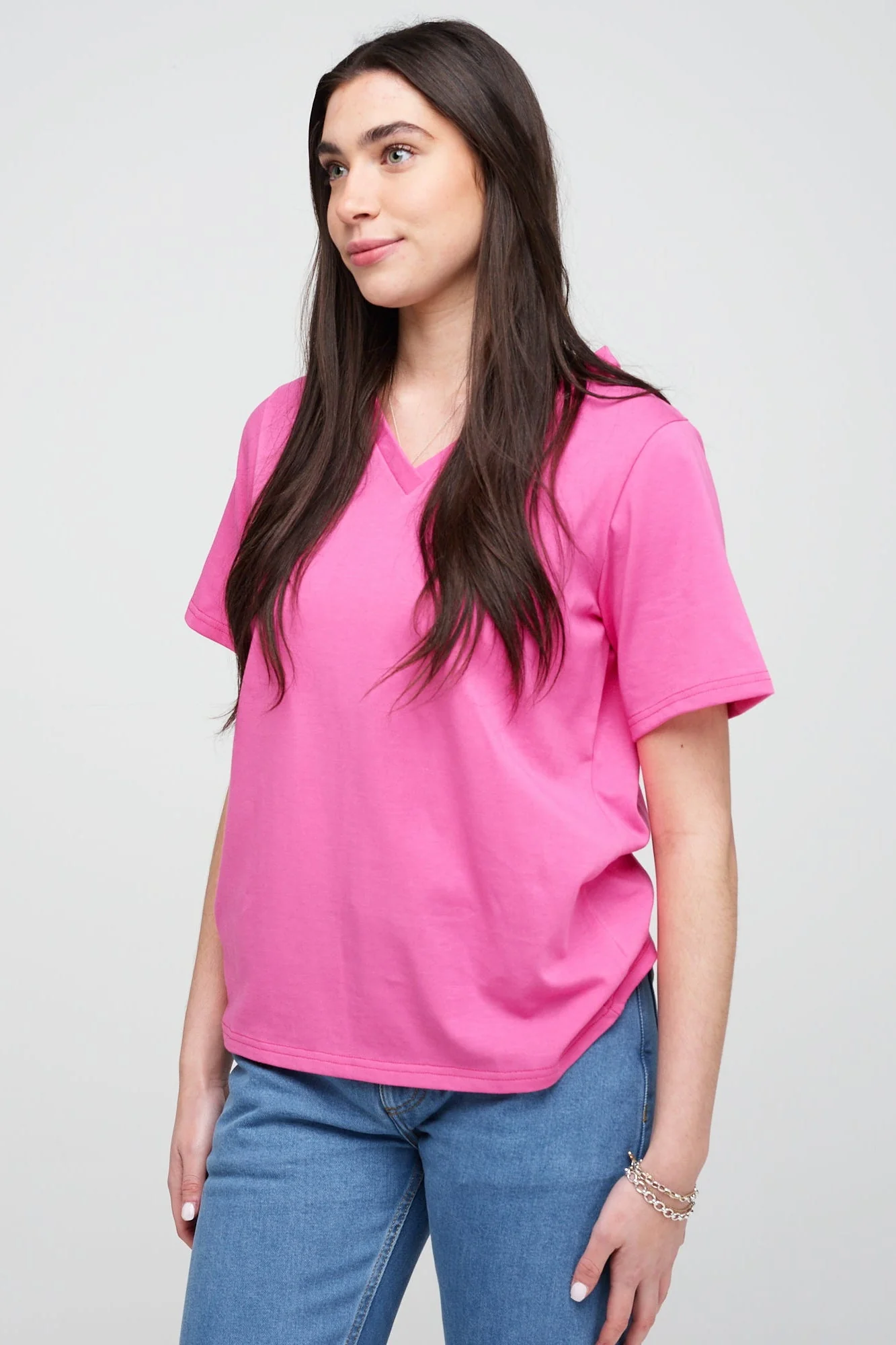 Women's Short Sleeve V-Neck T Shirt - Fuchsia Pink - Image 2