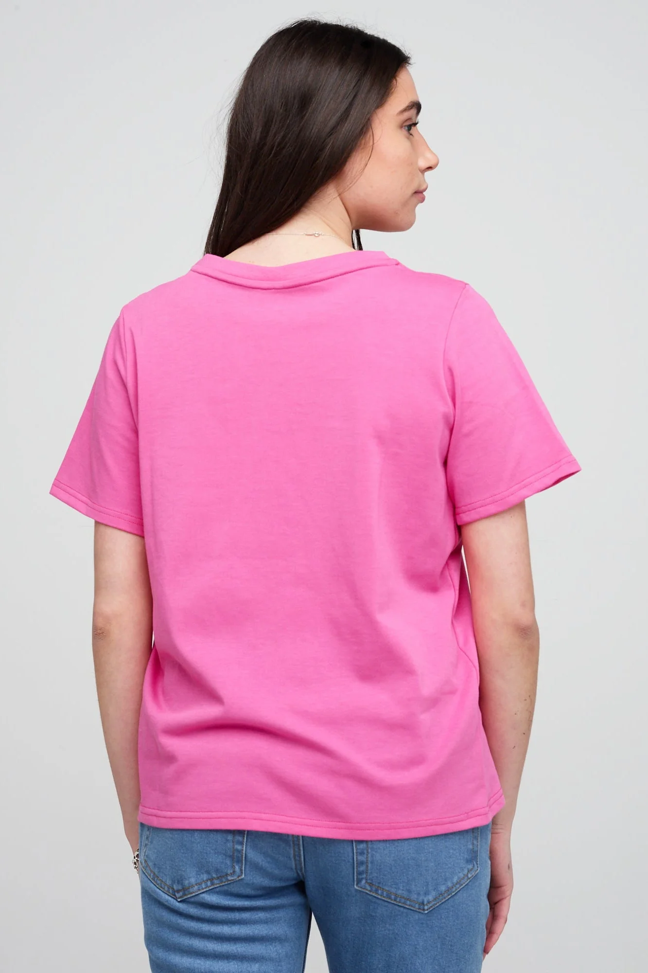 Women's Short Sleeve V-Neck T Shirt - Fuchsia Pink - Image 3