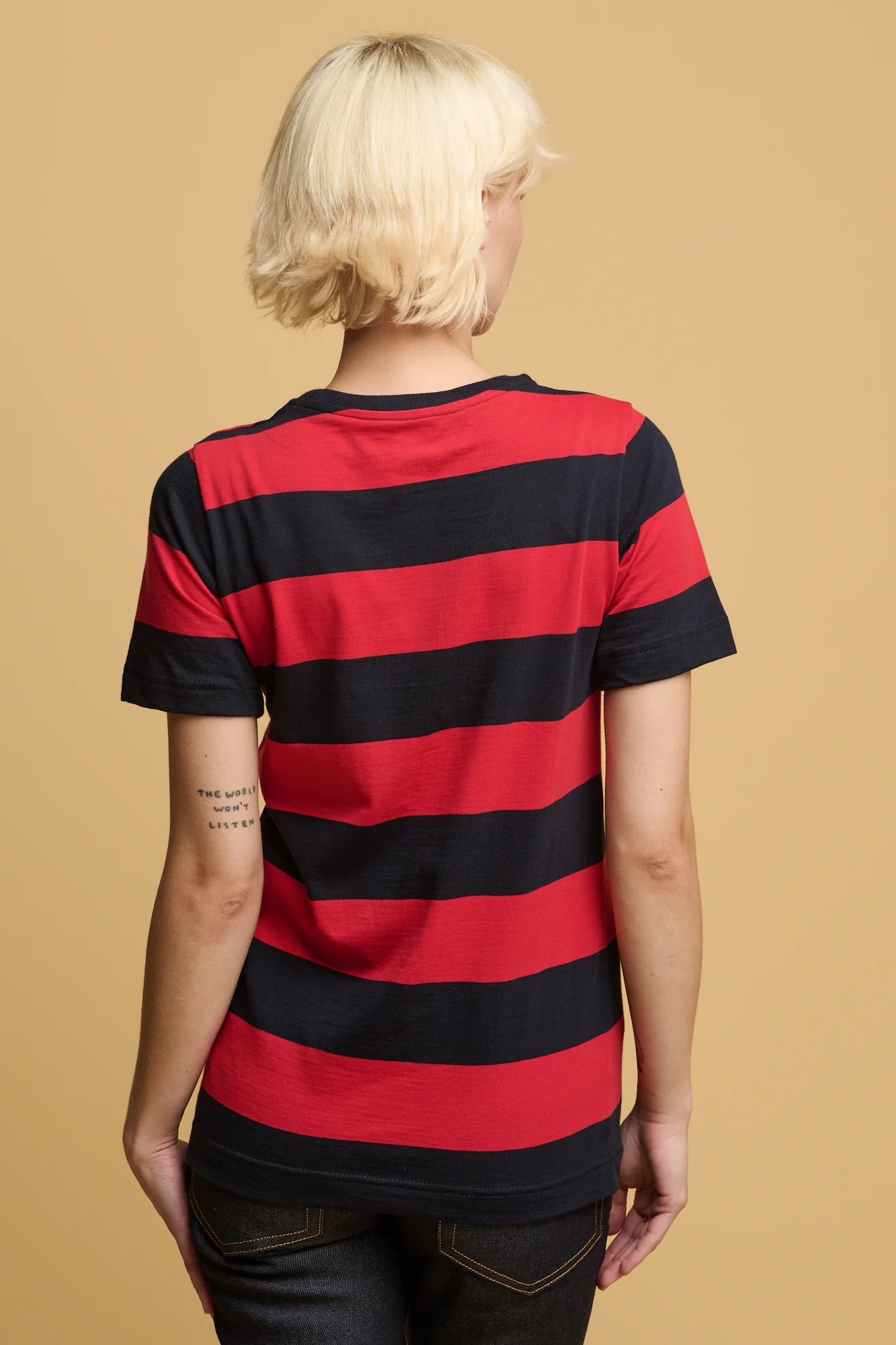 Women's Wide Stripe Short Sleeve T Shirt - Red/Navy - Image 2