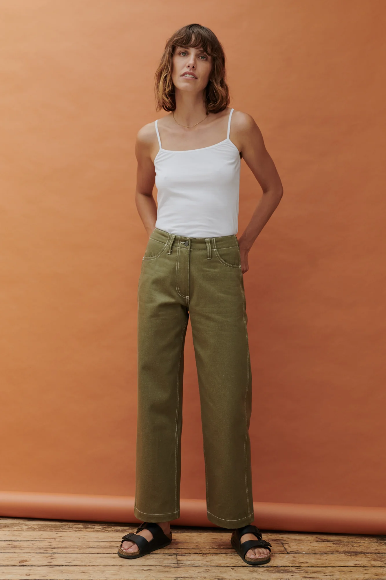 Women's Work Wide Straight Leg Denim Jeans - Olive - Image 4
