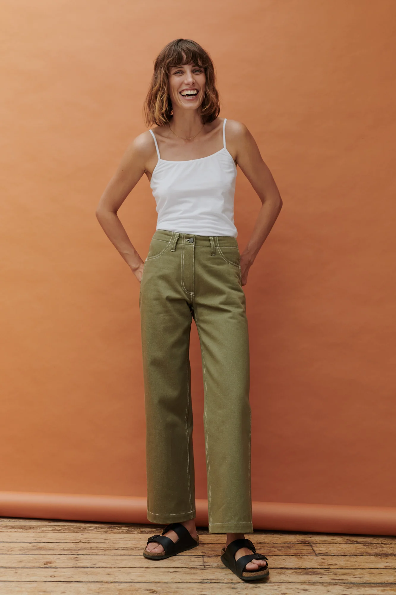 Women's Work Wide Straight Leg Denim Jeans - Olive - Image 5