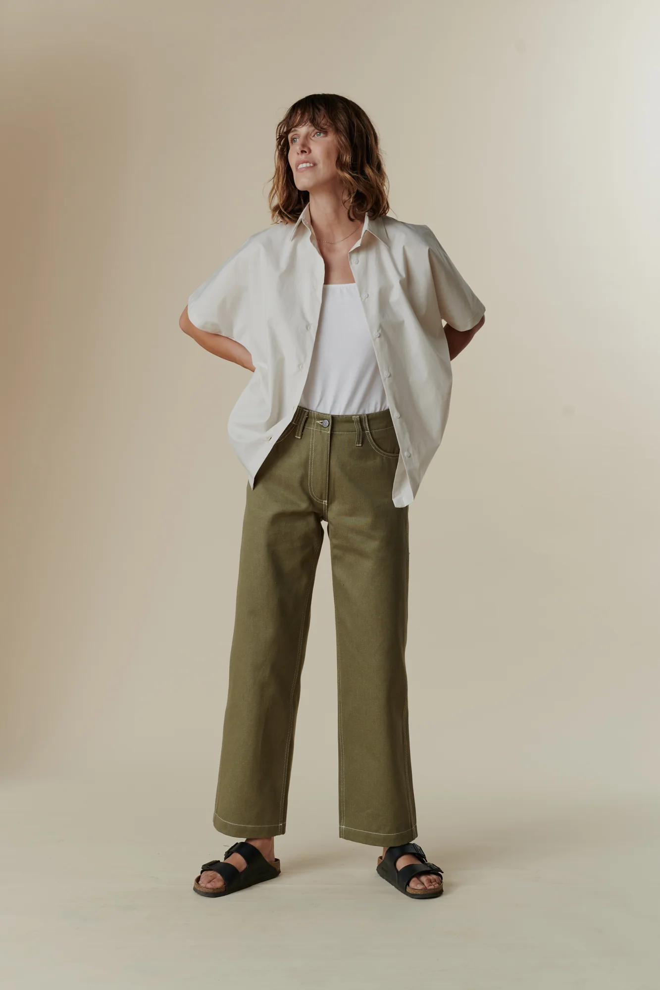 Women's Work Wide Straight Leg Denim Jeans - Olive - Image 6